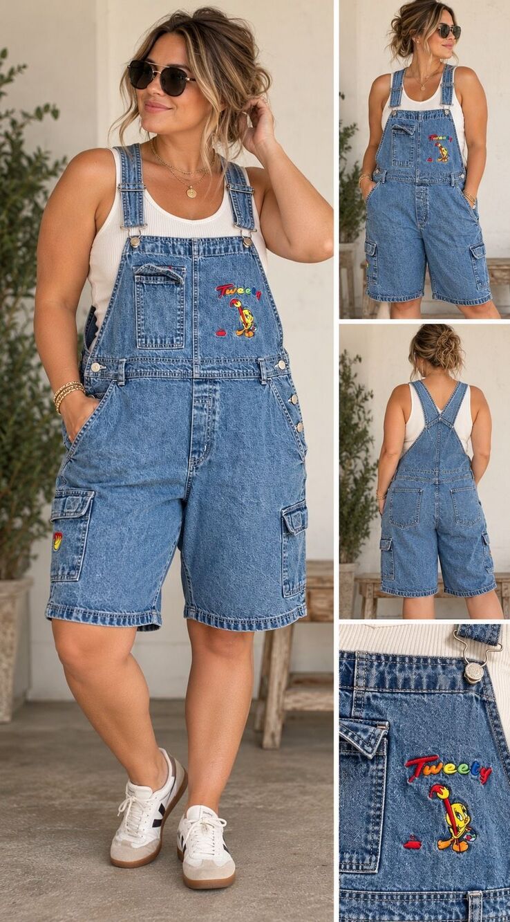 Vintage Looney Tunes Tweety Bird Denim Shortalls Overalls Y2K 90s Size 18W/20W